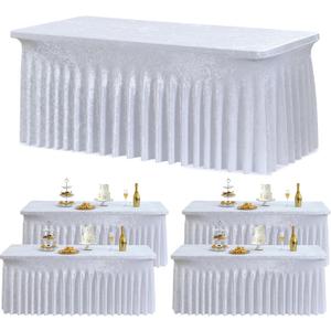 4 Pack White Velvet Table Clothes for 6 Foot Rectangle Tables, Spandex Thick Fitted Table Cover 6ft Soft Tablecloths 90x132 inch Desk Skirt for Parties Weddings Birthday Banquet Baby Shower