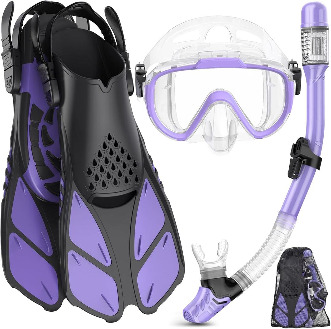 Snorkeling Gear for Adults Men Women,4 in 1 Snorkel Set with Panoramic View Diving Mask Anti-Fog Anti-Leak,Dry Top Snorkel,Fins and Travel Bag for Swimming,Snorkeling and Travel Diving (ML/XL, PURPLE)