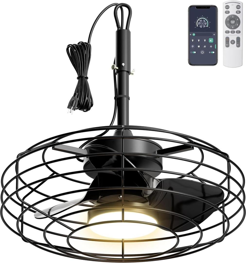 Coolbull 20 Inch Outdoor Ceiling Fans with Light, IP63 Waterproof Gazebo Fan with Hanging Hook, Plug in Caged Ceiling Fan, Remote&APP Control, 3 CCT, 6 Speeds for Patio, Pergola, Canopy, Black