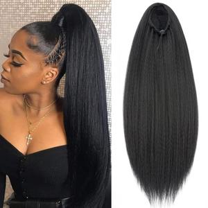 Yaki Straight Ponytail Extension, Wrap Around Ponytail Extension for Black Women, Yaki Human Hair Extension, Natural Black (Drawstring ponytail, 16 inch)
