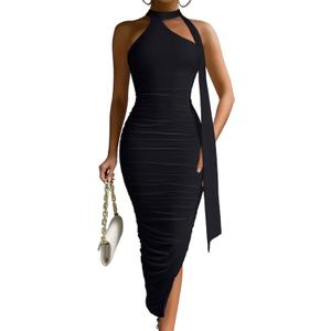 DAAWENXI Women's Sexy Sleeveless Ruched Slit Midi Dress Halter Mesh Bodycon Party Club Dresses