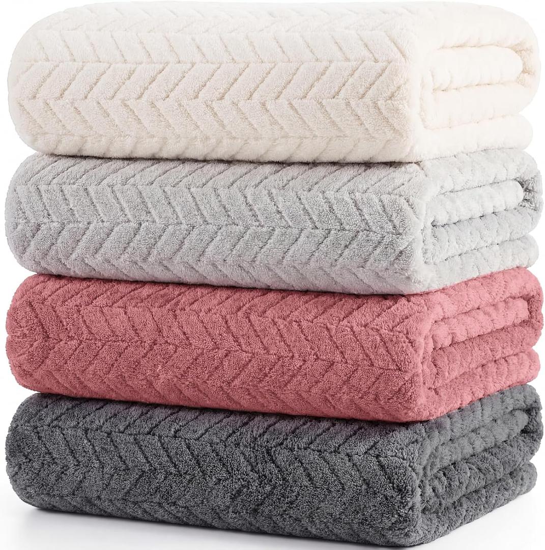 4 Pcs Extra Large Bath Towel Set 35" x 70" Oversized Turkish Luxury Plush Jacquard Bath Sheets Jumbo Soft Coral Velvet Bathroom Sheets Pink Gray Absorbent Blanket for Pool Shower Spa