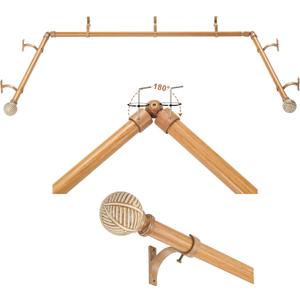 Corner Curtain Rod for Windows 36 to 72 Inch(Center Rod),20 to 36 Inch Side Rods for windows,1 Inch Bay Window Curtain Rods with Aluminum Brackets and Imitation Wood Grain Leaf Pattern Finials,Brown