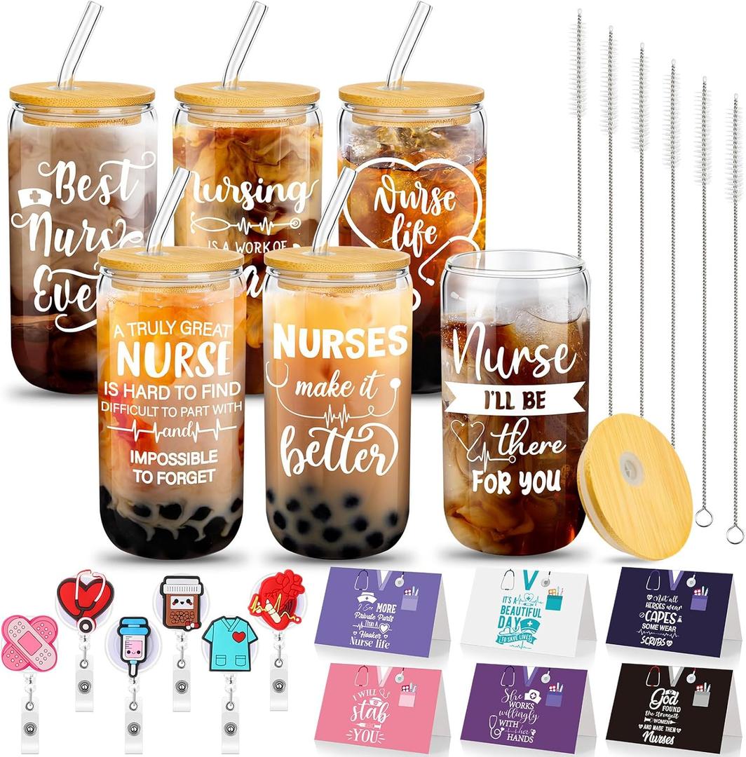 Honeydak 18 Pcs Nurse Appreciation Gifts Bulk Nurse Graduation Gift for Women Badge Reel 16 oz Glass Cups with Lids Straw Brushes Card for Graduation Employees Coworker Hospital(Appreciate)