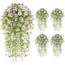 UV Resistant Artificial Hanging Flowers for Outdoors, Faux Morning Glory Fake Hanging Plants for Porch, Garden, Patio & Home Decoration, Realistic Silk Flowers, No Fade, No Watering, 4 PCS, White
