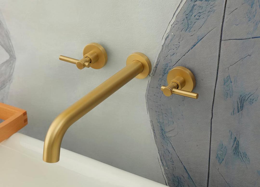 Wall Mount Tub Filler, Two Handle Bathtub Wall Faucet, Extra Long Spout Reach with High Water Flow, Brass Rough in Valve Included, Gold Brushed