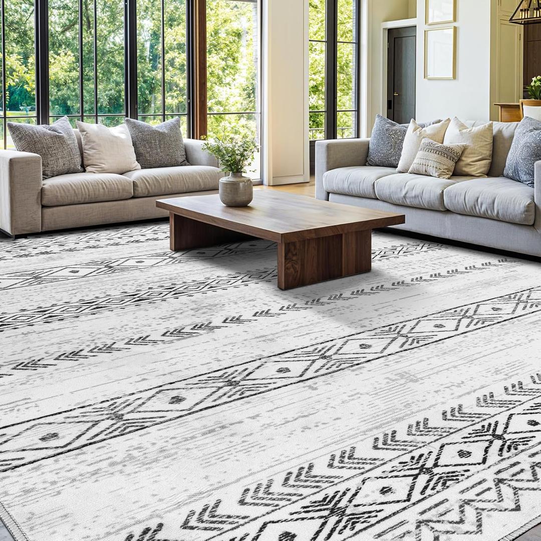 Rwlvpe Moroccan Washable Area Rug 8X10 for Living Room Soft Farmhouse Neutral Geometric Rug Stain Resistant Low Pile Indoor Non-Slip Carpet for Bedroom Dining Room (8X10 Gray)
