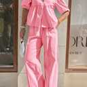 Tankaneo Womens 2 Piece Linen Sets Summer Vacation Outfits V Neck Puff Sleeve Babydoll Tops Wide Leg Pants Matching Sets (Pink, M)