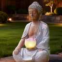 Nacome Solar Buddha Garden Statue Decor: Resin Zen Decor Waterproof Sitting Figurine with Lotus Flower Light Design for Outside Patio Lawn Yard Balcony - 8.3 inches (White)