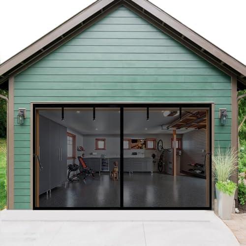 Magnetic Garage Door Screen 14x10ft for 1 Car, Retractable Fiberglass Mesh Sliding Curtain, Heavy Duty Weighted Bottom, for Garage Carport Patio RV (Black, for Door Size 14x10ft)