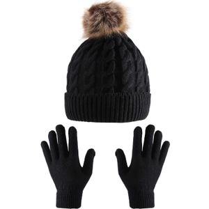 Tatuo 2 Pcs Women Winter Hats Gloves Set Knitted Beanie Hat Warm Stretchy Gloves Pom Pom Beanie Knit Cap Gifts for Women