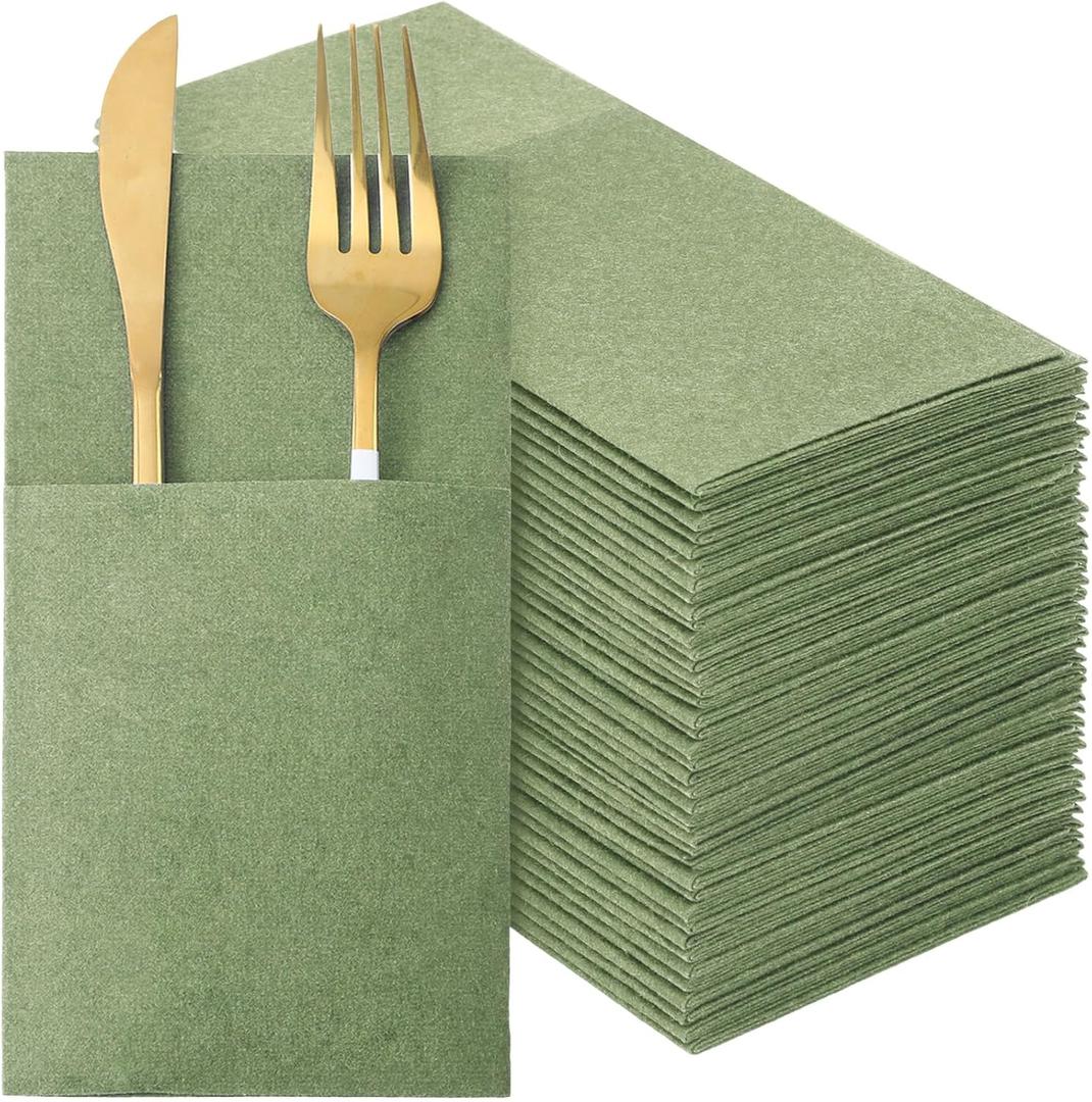 Qilery 50 Pcs Sage Green Paper Linen Napkins with Built in Pocket Flatware Disposable Airlaid Paper Prefolded Dinner Napkins for Silverware Valentine Wedding Party Christmas Day (Classic)