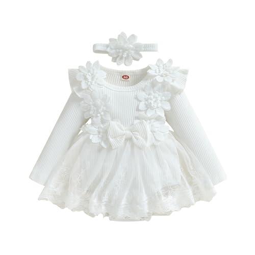 Baby Girl Romper Dress Lace Flowers Long Sleeve Knit Bodysuit Fall Winter Outfit with Headband (White A, 6-9 Months)