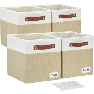 Collapsible Fabric Storage Cube Bins with 2 Reinforced PU Handles, Foldable Storage Organizer Baskets for Closet, Shelves, Living Room | 13"x13"x13", 4 Pack, Beige & White