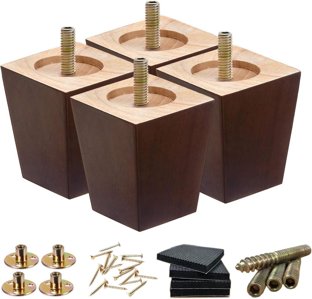 Wood Furniture Legs 3 inch Sofa Legs Set of 4 Square Brown Couch Legs,Mid Century Replacement Chair feet, for Dresser, Sideboard, Recliner, Coffee Table