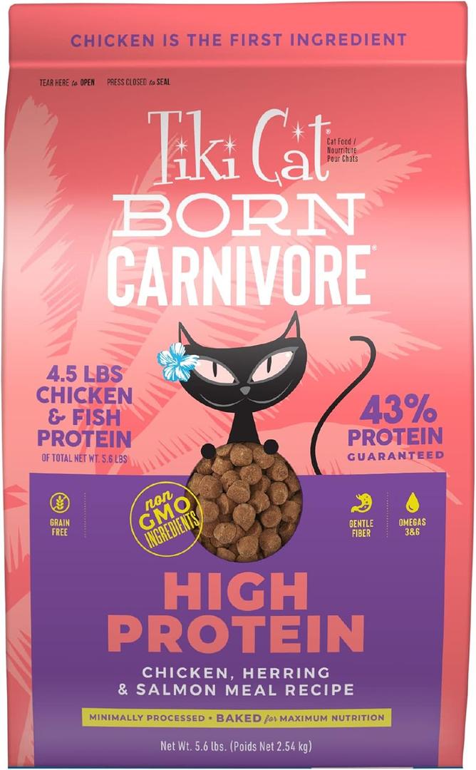 Tiki Cat Born Carnivore High Protein, Chicken, Herring & Salmon Meal, Grain-Free Baked Kibble to Maximize Nutrients, Dry Cat Food, 5.6 lbs. Bag (89.6 Fl Oz (Pack of 1)), BB Date: 01/22/2027