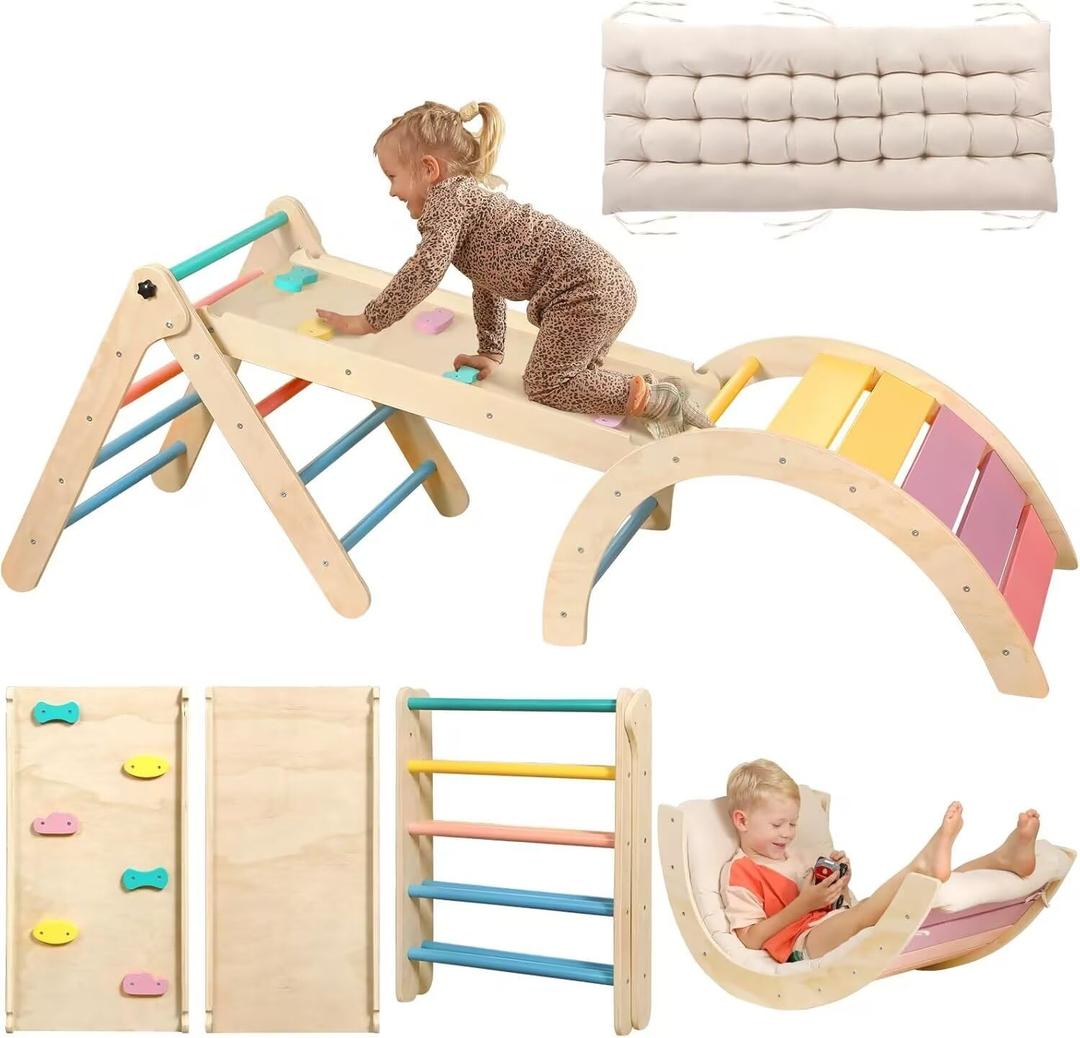Yopnoyik Pikler Triangle Set with Cushion, 7 in 1 Toddler Climbing Toys Indoor, Montessori Foldable Climbing Set, Wooden Climbing Toys for Toddlers Inside with Ramp, Arch and Ladder (Rainbow), Medium