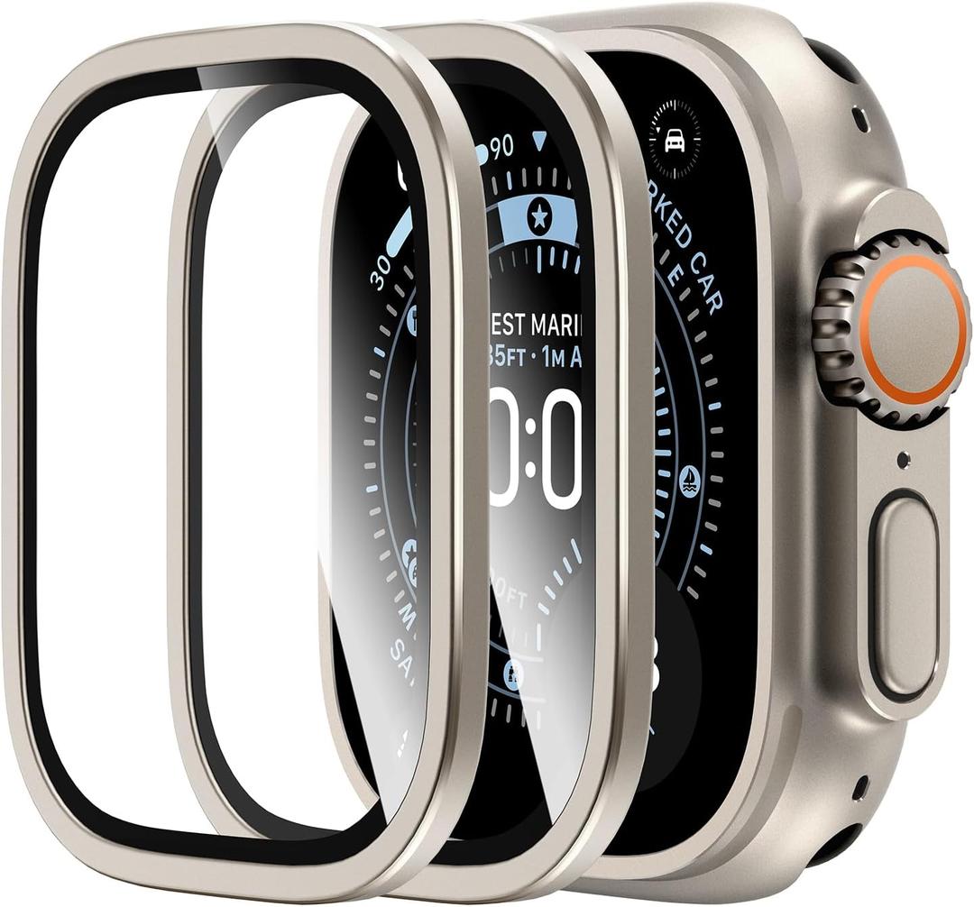 LK 2 Pack for Apple Watch Ultra 3/2 / Ultra Screen Protector 49mm - 9H Tempered Glass + Titanium Alloy Frame [Stay Original] Waterproof HD Glass Film for iWatch Ultra 49mm, Titanium (Clear)