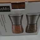 LessMo Salt and Pepper Grinder Set with Wooden Standing Tray, Refillable Pepper Mill Set - Brushed Stainless Steel - Short Glass Shakers with Adjustable Coarseness for Peppercorn, Salt or Spice Mills