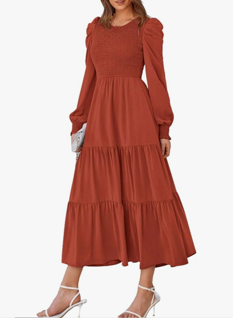Fashion Long Sleeve Dress High Neck for Women Elegant Maxi A Line Long with Smocked Empire Waist Bohemian Flowy Tiered Design, Large