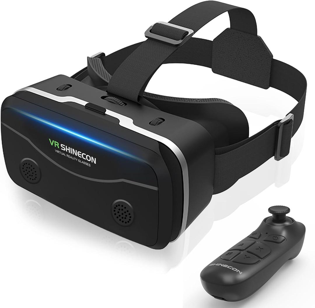 VR Headset with Bluetooth Controller - Universal 3D Virtual Reality Glasses Compatible for 4.7-7 inch iPhone Android Phones, Features Adjustable HD Lens & Heat Dissipation Design