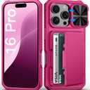 BXYJY for iPhone 16 Pro Wallet Case with Credit Card Holder (4-5 Cards), Military Grade Protection, Slide Camera Cover, Hard Rugged Women Girly Men Protective Phone Case for iPhone 16 Pro, Hot Pink