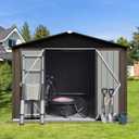 HHOK 10FT x 8FT Outdoor Storage Shed Metal Lockable Garden Shed Steel Anti-Corrosion Storage House storage shed with Lockable Door for Garden Shed Patio Outdoor Storage Sheds Roof Green + White