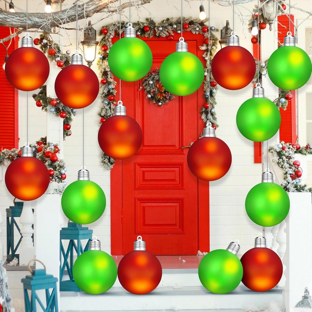16 Pcs LED Large Christmas Balls Ornaments Colorful Lights Ball Plastic Hanging Globe Yard Decor for Outdoor Indoor Xmas Tree Holiday Parties(Red, Green) (3.94 Inch)