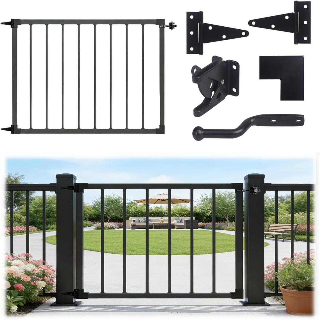 4Ft W Steel Deck Gate Kit for 42" H Railing, Cuttable Black Textured Powder - Coated Outdoor Gate with Latch & Auto-Closing Hinges for Deck, Patio, Garden, Yard, Porch