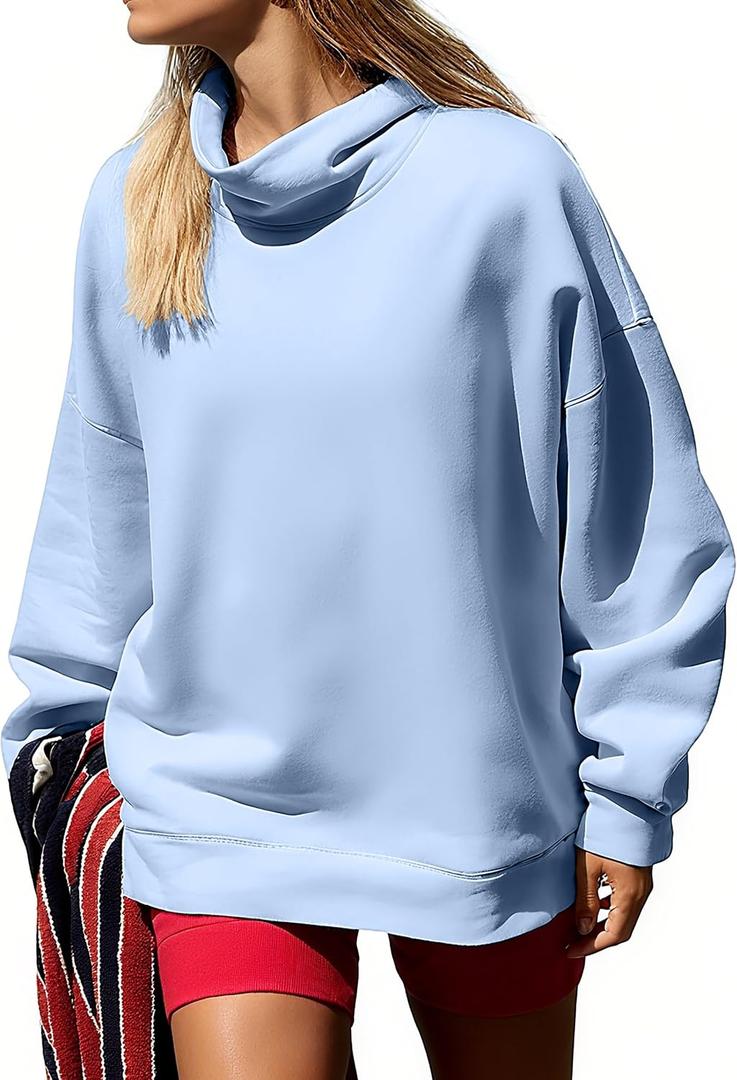 TERIVEEK Womens Mock Neck Sweatshirts Oversized Fleece Turtleneck Long Sleeve Loose Fit Drop Shoulder Pullover Tops (Blue, M)