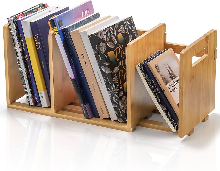 ZOOFOX Bamboo Desktop Bookshelf, Expandable Desktop Organizer, Small Display Shelf Book Rack for Office Supplies, Home Tabletop