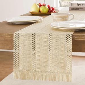 ZeeMart Macrame Style Table Runner with Short Tassels, 12x60 Inch Beige, Farmhouse Table Runners 60 Inches Long, Boho Woven Home Decor