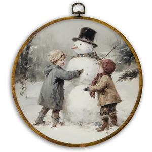 CUANFDDSF Vintage Christmas Snowman Round Wall Art, Rustic Winter Kids Snowman Framed Hanging Wall Decor, Cozy Winter Canvas Prints Decorations for Gallery Home Bedroom Living Room, 10x10 Inch (Colour 34)
