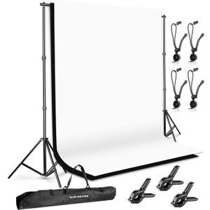 SLOW DOLPHIN Photo Background Support System with Backdrop Stand Kit, 100% Pure Muslin 6.5 Ft x 10 Ft (White/Black) Backdrop,Clamp, Carry Bag for Photography Video Studio