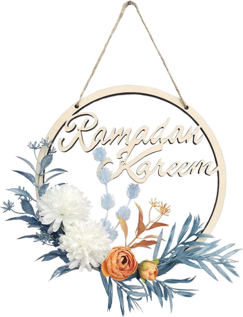 Ramadan Kareem Wreaths for Front Door, Eid Al-Fitr Artificial White Flowers Hanging Ramadan Door Wreath, Islamic Ramadan Decorations for Home Party (Blue)