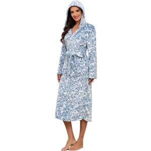 RONGTAI Leopard Print Hooded Bathrobe for Women, Long Shawl Collar Fleece Womens Robe with Pockets and Belt (M, Blue), Medium