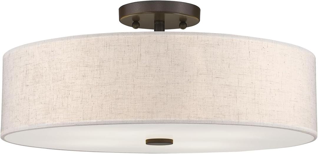 Livex Lighting 52136-92 Meridian Collection 4-Light Transitional Ceiling Mount Fixture with Oatmeal Color Fabric Hardback Shade, English Bronze, 18"L x 18"W x 8.13"H