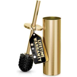 Gold Toilet Brush and Holder Set - Brushed Stainless Steel Gold Toilet Bowl Brush and Holder with Replaceable Head, Removable Inner Bowl, and Splash Protection - Dense Bristles for Thorough Cleaning