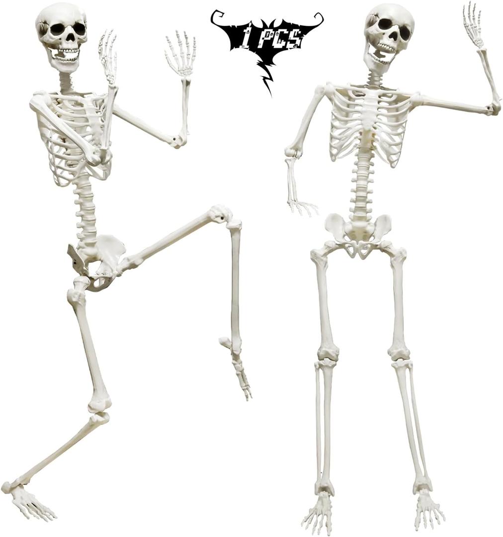 5.9FT/185cm Skeleton Halloween Full Size, Life Size Skeleton with Posable Joints Glowing Eyes Skeleton for Halloween Party Outdoor Haunted House Decor