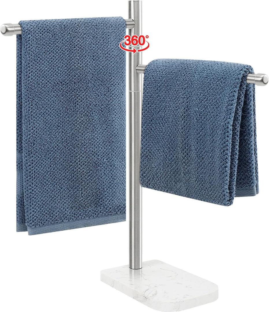 BathAce Hand Towel Holder, F-Shape Hand Towel Stand with Marble Base, Stainless Steel Swivel Hand Towel Rack Standing Towel Bar for Bathroom Kitchen Countertop, 2 Arms (Brushed Nickel)