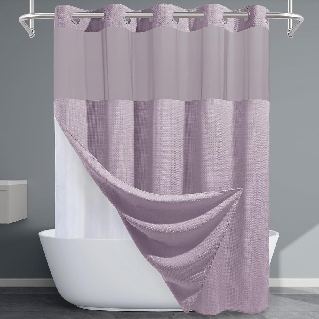 EUTXL Lavender No Hook Shower Curtain with Snap in Liner,230GSM Waffle Weave Shower Curtains for Bathroom,71W x 74H