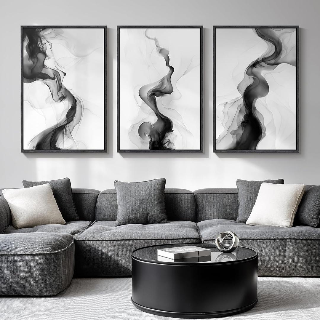 Large Framed Black and White Abstract Wall Art for Living Room, Set of 3 Modern Canvas Prints Paintings Artwork for Walls -Minimalist Pictures for Hallway, Bedroom, Office Wall Decor 24x36 In (Ethereal)