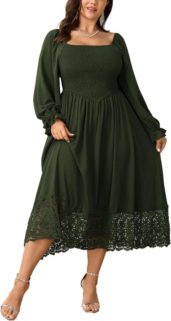 SHESTARR Women's Plus Size Maxi Dress Long Sleeve Square Neck Smocked Flowy A-Line Lace Trim Wedding Guest Dresses (Green, XXXL)