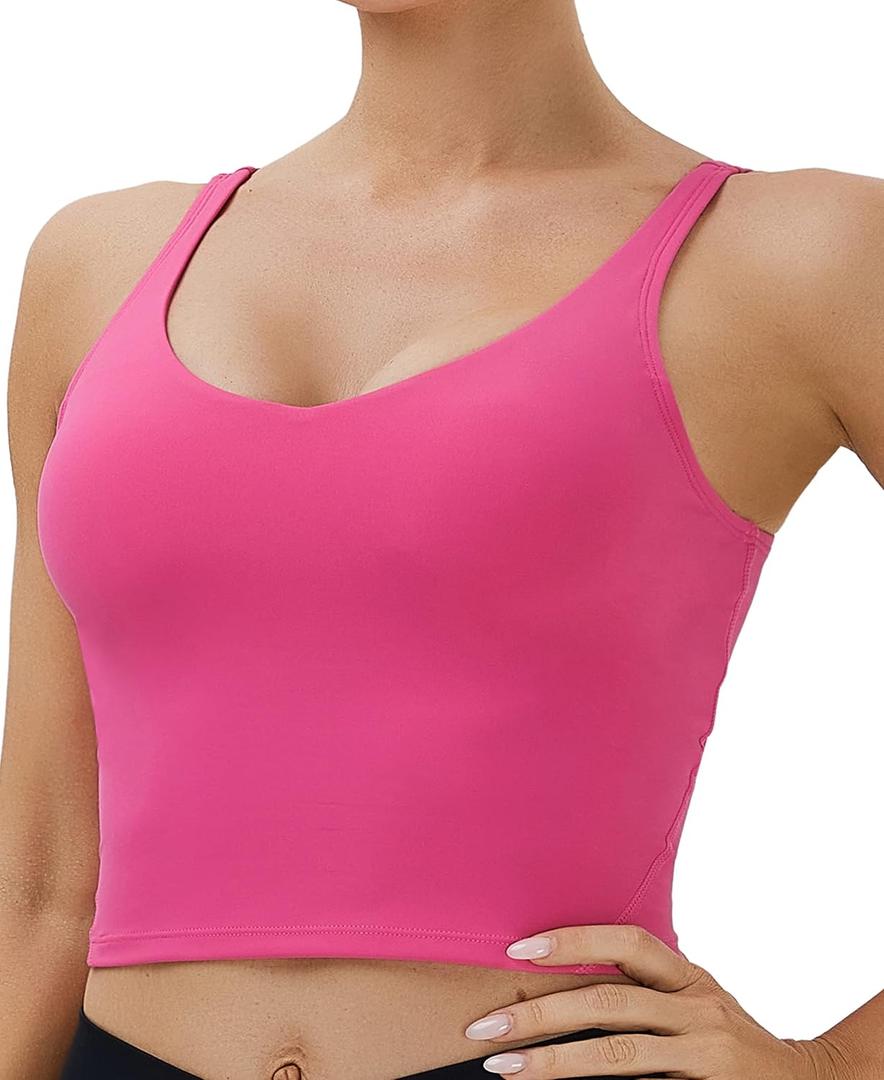 Oalka Sports Bra Womens Longline Padded Crop Tank Yoga Bras Workout Fitness Top (Hot Pink, Medium)
