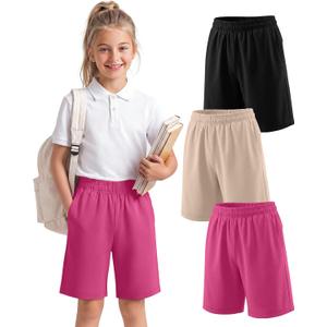 3 Pack Girls' School Uniform Sweat Shorts | Back to School Shorts with Pockets, Longer Length Bermuda for Teen, Girls Clothes size 10-12, Wide Leg Athletic Bermuda