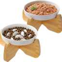 Raised Cat Bowls, 6.3'' Flat & Slow Feeder Bowl, Wide Ceramic Elevated Shallow Slow Eating Cat Bowl for Dry/Wet Food, Anti-Vomiting Pet Puzzle Feeder, Whisker Friendly, Dishwasher Safe (2 Pack)