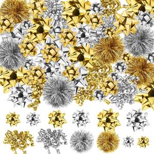48 Pieces Christmas Gifts Bows Christmas Bows for Gift Wrapping Self Adhesive Gift Wrap Bows Gift Curly Bows Tinsel Bows Holiday Gift Bow Assortment for Xmas Present Decoration(Silver, Gold)