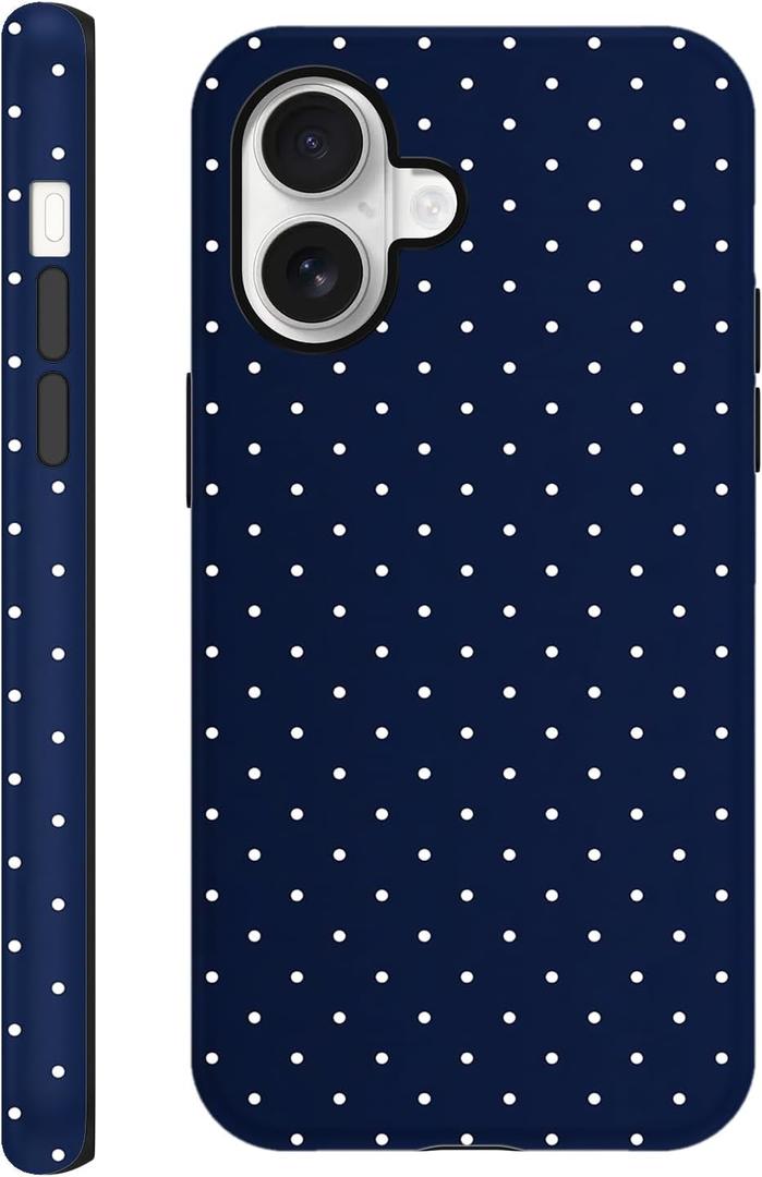 Polka Dot Phone Case for iPhone 17 Cute Trendy Pattern Case 6.3", Aesthetic Stylish Print Design 2-in-1 Matte Cover Hard PC Shockproof Soft TPU Protection Girls Women Funda, Navy Blue