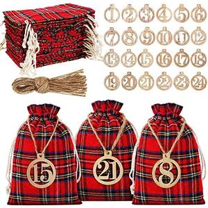 Christmas 24 Days Advent Calendar 2026 Xmas Countdown Buffalo Check Drawstring Bags with 24 Pieces Wooden Numbers for Christmas Gift Party Decoration
