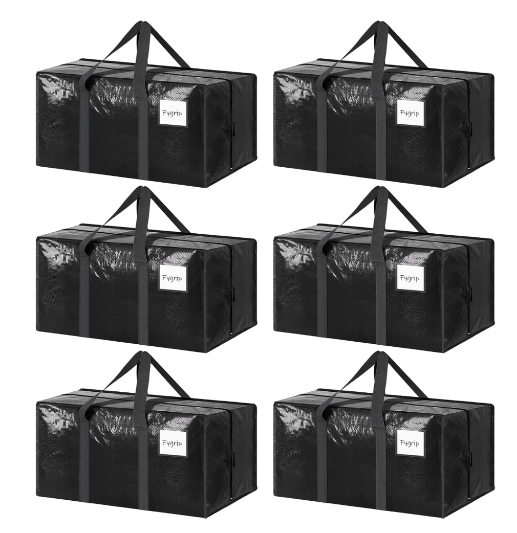 6 Pack Extra Heavy Duty Large Moving Bags with Strong Zipper & Comfortable Handles, Sturdy & Durable Clothes Storage Bags Totes Bins, Packing Moving Boxes for College Supplies, Black